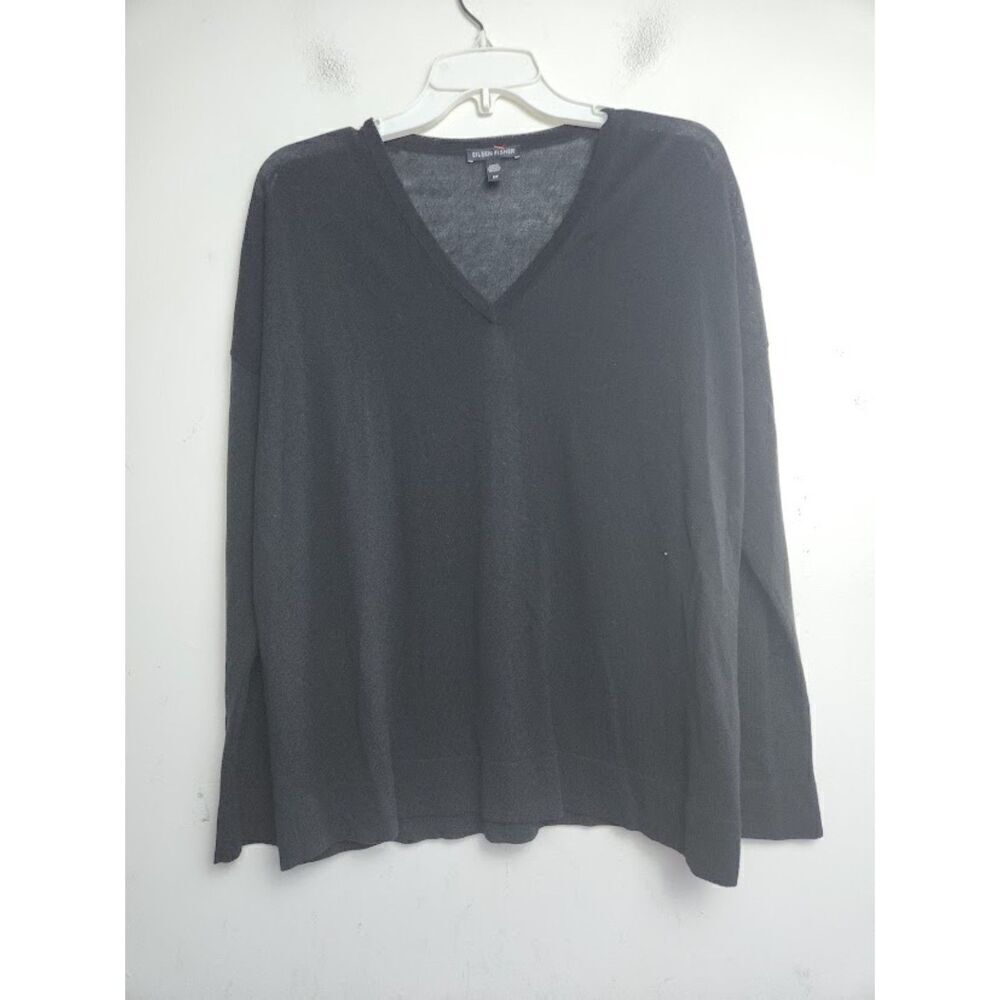 Eileen Fisher Women Black V-Neck Lightweight Knit Long Sleeve Blouse size Small